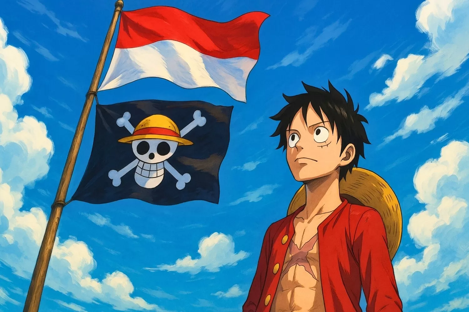Ilustrasi bendera One Piece di bawah bendera Indonesia (Facebook Jihad Bagas Cakra)